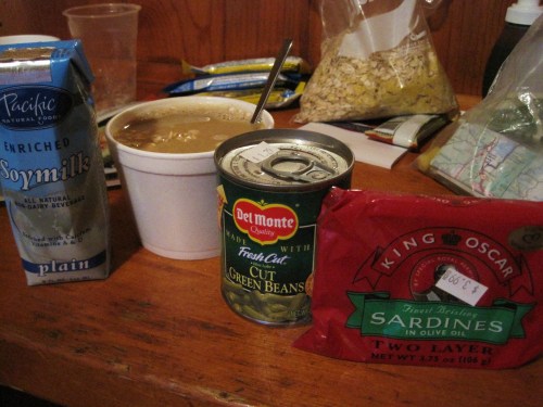 Cowboy cuisine ain't pretty but the chuck wagon gets the job done.  The sardines were worth the price, the can of beans was complete with a fine layer of dust (aged like a fine wine), and the styrofoam bowl full of the Bob's Red Mill gluten-free oats was almost as good as iron skillet cornbread.